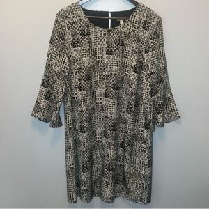 Garnet Hill Black and Cream Printed Midi Shift Dress